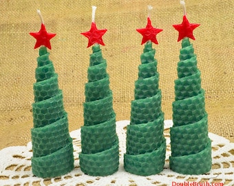 Beeswax  Christmas Tree Candles Hand Rolled - Table Favors for Rustic Christmas Holiday Decor, Pure Natural Beeswax Candle Set of 4