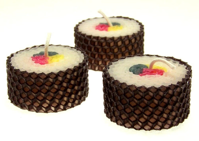 Pretty Sushi Candle Gift Candles Sushi Gift Set 3 Piece Japanese Fake Food Faux Edibles Japanese Cuisine Pure Beeswax Candles Hand Rolled image 3