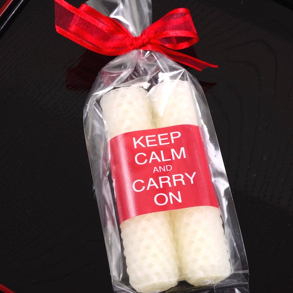 Beeswax Candles Keep Calm and Carry On Party Favor Candle Keep Calm Candle Favors Whtie and Red 4 Inch Taper Candles Pair Unique Handmade