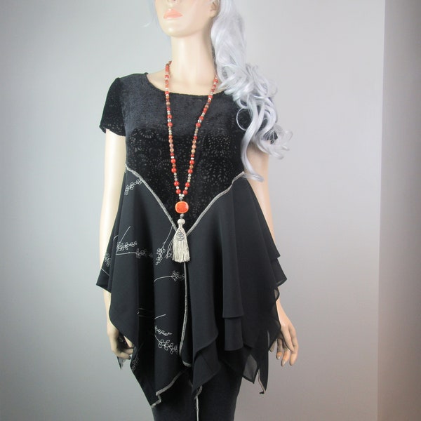 Lagenlook Boho Tunic Flowing Black Elegant Cut Velvet Crepe and Leaf Printed Knit Layered Size S - M