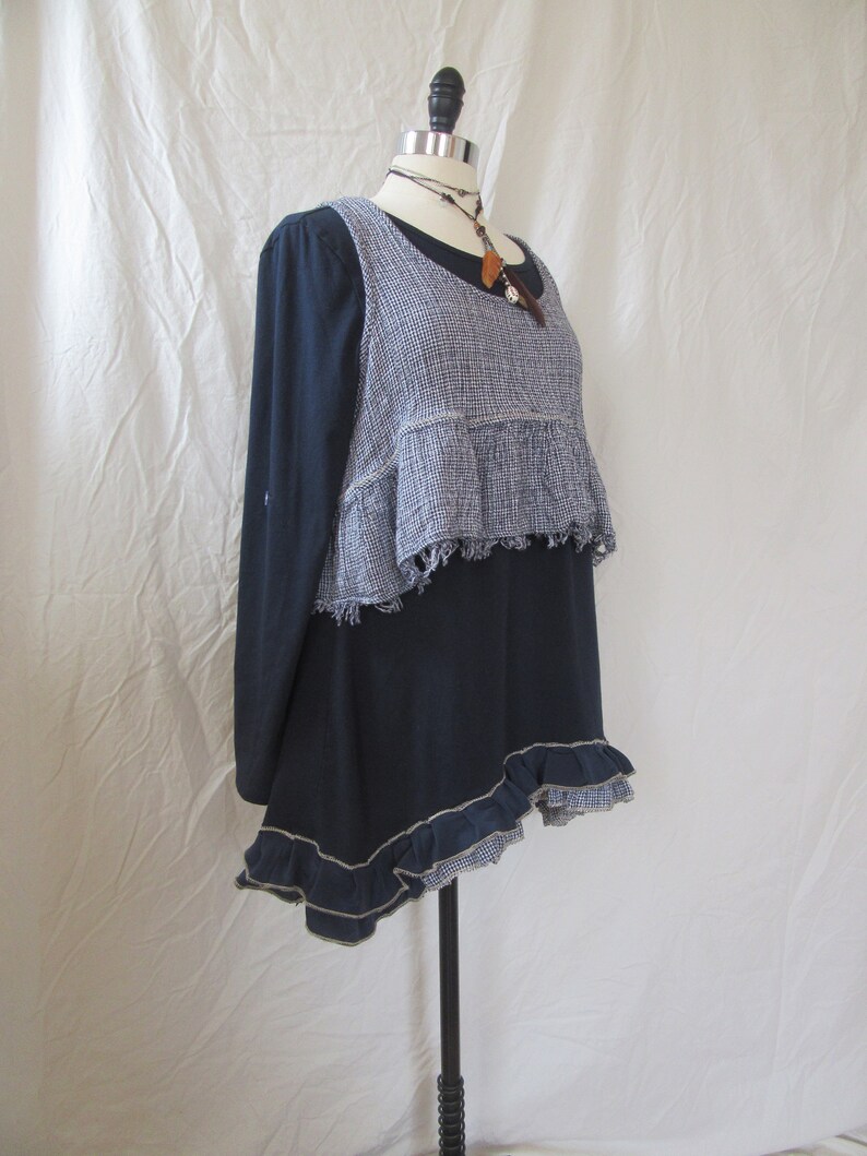Lagenlook Tunic Ruffled Two Piece One Size Midnight Blue Cotton Knit with Checkered Frayed Topper One Size Fits S L