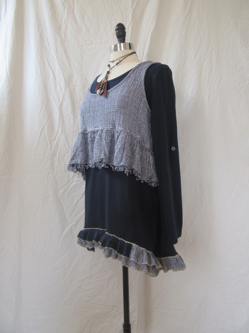 Lagenlook Tunic Ruffled Two Piece One Size Midnight Blue Cotton Knit with Checkered Frayed Topper One Size Fits S L