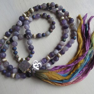 Mala Necklace Long Boho Gemstone Beads Purple Matte Dream Lace Amethyst Mystic Druzy Agate Recycled Sari Silk Tassel Ohm Charm