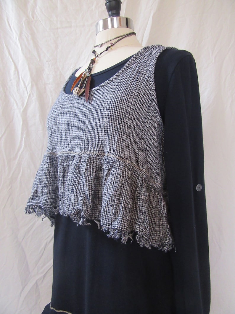 Lagenlook Tunic Ruffled Two Piece One Size Midnight Blue Cotton Knit with Checkered Frayed Topper One Size Fits S L