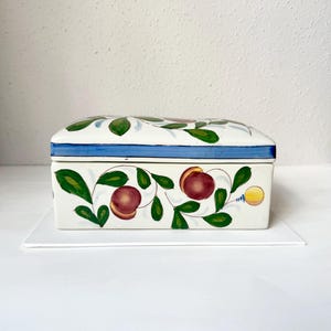 May include: Rectangular ceramic box with a lid, featuring a white base and a blue border. The box is adorned with a hand-painted design of green leaves and red-purple fruit. The lid also has a similar design.
