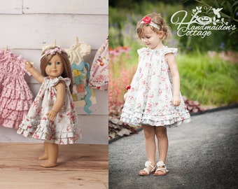 The Handmaiden's Cottage Swing Dress PDF pattern, sizes 6 months through size 8 with Dolly Dress pattern included