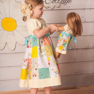 Dolly and Me Patchwork Dress PDF patterns, sizes 2T through size 8 plus 18" doll