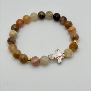 Religious Bracelet with Gold Cross – Neutral Beaded Faith Jewelry – Christian Gift for Her