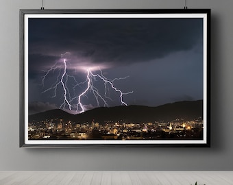 Lightning Storm Photography Print: Cityscape Weather Poster (Digital Download)