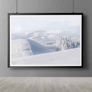 Winter Wonderland Digital Print, Snow-Covered Landscape Photography, Serene Alpine Wall Art, Snowy winter forest living room wall art