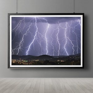 Night City Lightning Fotografie Druck: Natursturm Poster (Digitaler Download)