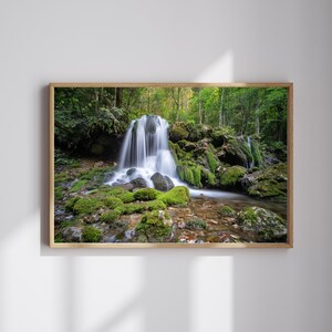 Forest waterfall lake house decor, Misty waterfall art farmhouse decor, Mountain waterfall hiking wood scene, Foggy forest canvas, Water art