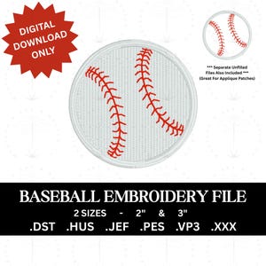 Peut inclure: Un fichier de broderie de baseball blanc avec des coutures rouges. Le design est disponible en deux tailles, 5,08 cm et 7,62 cm. L'image comprend également le texte "TÉLÉCHARGEMENT NUMÉRIQUE UNIQUEMENT" et "FICHIER DE BRODERIE DE BASEBALL".