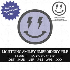 May include: A digital embroidery file featuring a smiley face with lightning bolt eyes. The design is in a circular shape with a light purple background and a dark gray outline. The text "DIGITAL DOWNLOAD ONLY" is in a blue starburst shape. The file comes in 5 sizes, from 1" to 5".