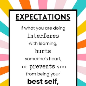 May include: A white poster with black text on a colorful striped background. The text reads "EXPECTATIONS" and "If what you are doing interferes with learning, hurts someone's heart, or prevents you from being your best self, You shouldn't be doing it."