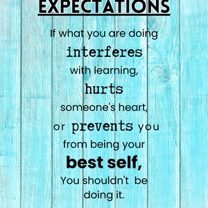 May include: A motivational quote on a blue woodgrain background. The quote reads: "EXPECTATIONS If what you are doing interferes with learning, hurts someone's heart, or prevents you from being your best self, You shouldn't be doing it."