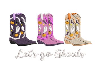 Botas de vaquera para Halloween bordadas / Diseño de fantasmas Let's Go Ghouls / Archivo de bordado a máquina estilo western / Bastidor 4x4 5x7 PES DST EXP