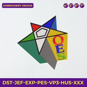 May include: An embroidery design featuring a colorful geometric star with the letters "OES" in blue, yellow, and green. The design includes the text "EMBROIDERY DESIGN" and sizes 4", 5", 6", and 7".