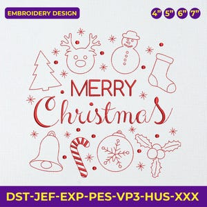 May include: Red embroidery design with Christmas-themed elements, including a reindeer, snowman, stocking, bell, candy cane, ornament, and holly. The words "MERRY Christmas" are prominently displayed. The design is available in 4", 5", 6", and 7" sizes.