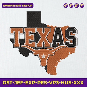 Könnte beinhalten: Ein Stickdesign mit dem Bundesstaat Texas in Orange und Schwarz, mit dem Wort "TEXAS" in fetter Schrift. Das Design enthält eine Longhorn-Silhouette und den Text "EMBROIDERY DESIGN". Verfügbare Größen: 10 cm, 13 cm, 15 cm und 18 cm.