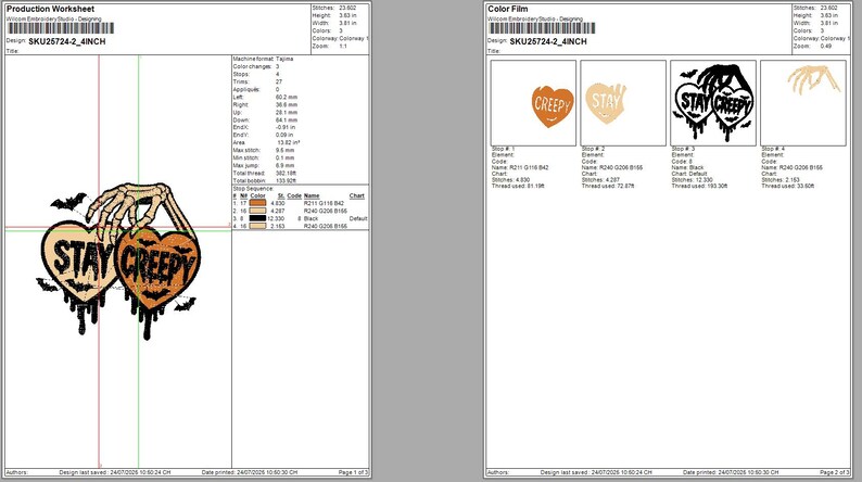 May include: A design featuring two heart-shaped patches with the words "STAY CREEPY" in black text. The patches are held by a skeletal hand and surrounded by bats. The patches have a dripping effect and are in shades of orange and tan.