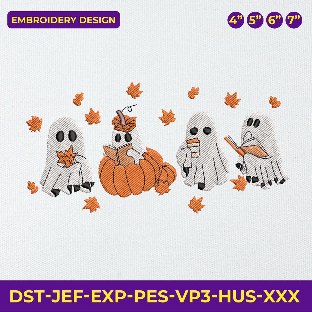 Cute Fall Ghost Embroidery File | Halloween Pumpkin Reading Ghost ...