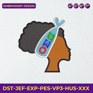 May include: An embroidery design featuring a silhouette of a person with dark hair and brown skin. A blue and white banner with the letters "OES" is placed on the head. The design includes size indicators of 4", 5", 6", and 7". The text "EMBROIDERY DESIGN" is at the top.