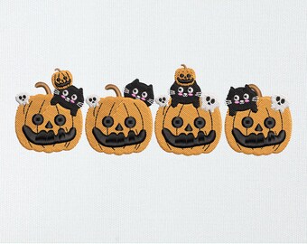 Archivo de bordado de gato calabaza de Halloween / Lindo gato negro y calavera con cara de botón Jack-o'-Lantern / Bastidor 4x4 5x7 Archivo PES DST EXP