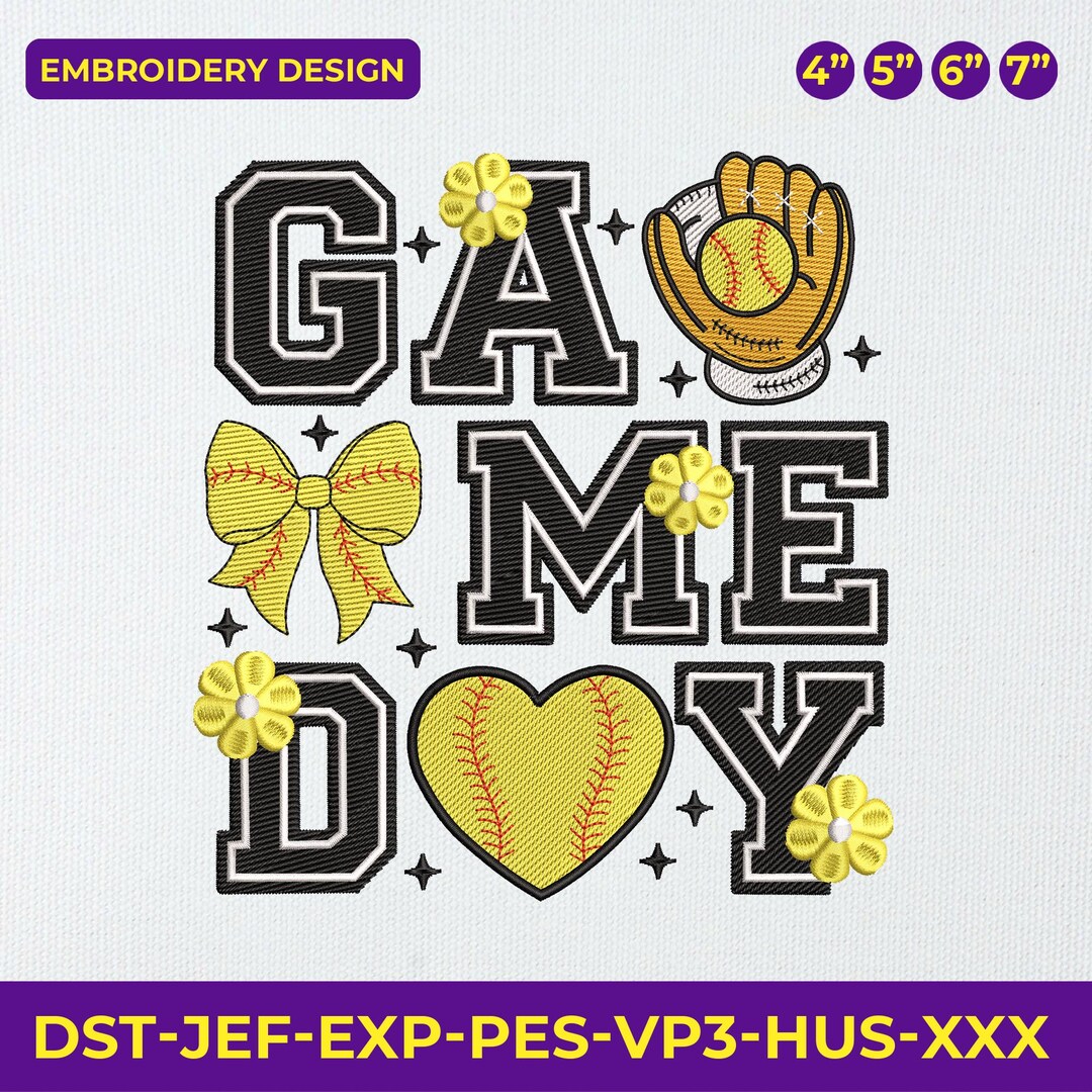 Game Day Baseball Embroidery Design , Sports Bow and Glove Stitch File ...