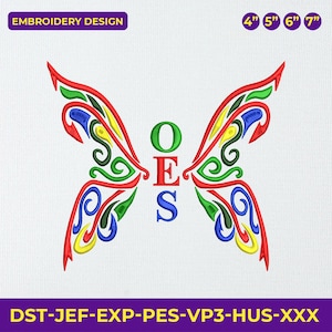 May include: An embroidery design featuring a butterfly with red, green, yellow, and blue wings. The design includes the letters "OES" in the center. The image also includes the text "EMBROIDERY DESIGN" and sizes 4", 5", 6", and 7".