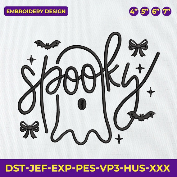 Spooky Ghost Embroidery Design Cute Halloween Stitch | Ghost Word Art with Bats and Bows | Fun Fall Machine Embroidery File