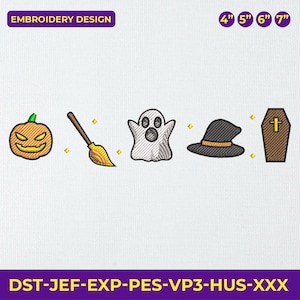 May include: An embroidery design featuring Halloween-themed images: a jack-o'-lantern, broom, ghost, witch's hat, and coffin. The design includes sizes 4", 5", 6", and 7" and the text "EMBROIDERY DESIGN".