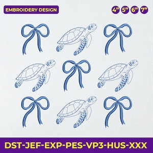 May include: An embroidery design featuring a pattern of blue bows and sea turtles. The design includes the text "EMBROIDERY DESIGN" and size options of 4", 5", 6", and 7". The bottom of the image displays file type codes.