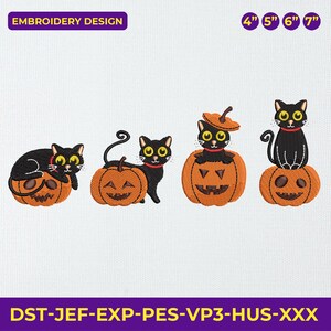 May include: Embroidery design featuring four black cats with yellow eyes and red collars, each paired with an orange pumpkin. The pumpkins have carved faces. The design includes sizes 4", 5", 6", and 7". The text "EMBROIDERY DESIGN" is at the top.