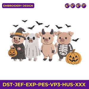 May include: An embroidery design featuring four cartoon pigs dressed in Halloween costumes: a witch, a ghost, a cow, and a skeleton. A jack-o'-lantern and bats complete the spooky scene. The design is available in 4", 5", 6", and 7" sizes.
