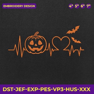 May include: Orange embroidery design on a black background. The design features a jack-o'-lantern, a heart, and two bats, all connected by a heartbeat line. The text "EMBROIDERY DESIGN" is at the top, and the sizes 4", 5", 6", and 7" are listed. The text "DST-JEF-EXP-PES-VP3-HUS-XXX" is at the bottom.