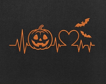 Halloween Heartbeat Embroidery Design | Pumpkin Bat Love EKG Line Stitch File | Spooky Season Machine Embroidery | Digital Download