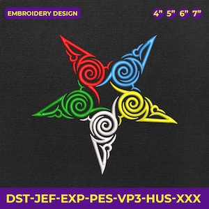 May include: An embroidery design featuring a five-pointed star with swirling, colorful patterns. The star's points are red, blue, yellow, green, and white. The design is available in 4", 5", 6", and 7" sizes. The text "EMBROIDERY DESIGN" is at the top.