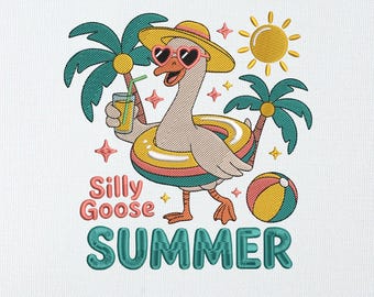Silly Goose Summer Embroidery Design, Funny Beach Duck Machine Embroidery Pattern,Summer Goose Vacation Stitch File,Instant Digital Download