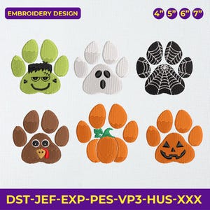 Puede incluir: Una colección de diseños de bordado coloridos con huellas de patas con temas de Halloween y Acción de Gracias. Los diseños incluyen un monstruo de Frankenstein, un fantasma, una telaraña, un pavo, una calabaza y una linterna. El texto "EMBROIDERY DESIGN" está en la parte superior.