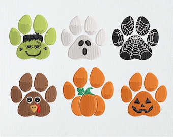 Paw Print Embroidery Halloween Thanksgiving Pumpkin Design | Fall Dog Cat Stitch File | Frankenstein Spider Turkey Ghost Digital Download
