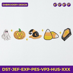 May include: An embroidery design featuring Halloween-themed motifs: a ghost, jack-o'-lantern, witch's hat, candy corn, and a coffin. The design includes the text "EMBROIDERY DESIGN" and measurements of 4", 5", 6", and 7". The bottom of the image displays "DST-JEF-EXP-PES-VP3-HUS-XXX".