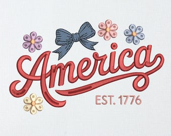America Embroidery Design EST 1776, 4th of July Floral Bow Stitch File, Retro Patriotic Machine Embroidery, USA Independence Day Hoop File