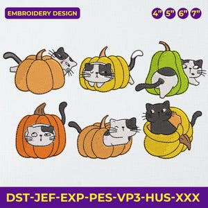 May include: Embroidery design featuring six cat illustrations inside pumpkins. The cats are black and white, and the pumpkins are orange and yellow. The design includes the text "EMBROIDERY DESIGN" and sizes 4", 5", 6", and 7".