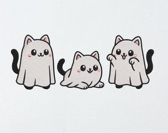 Lindo diseño de bordado de gato fantasma / Archivo de bordado a máquina de gatito kawaii de Halloween / Adorable puntada de truco o trato / Descarga digital