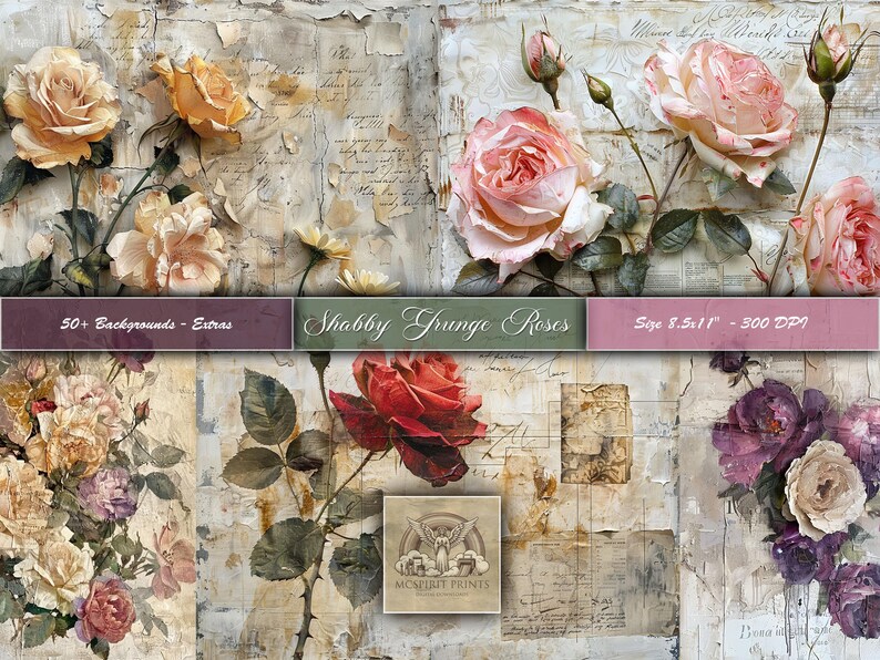 Shabby Grunge Roses: Vintage Floral Junk Journal Pages (digital ...