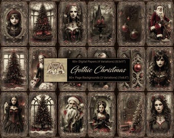 以下が含まれることがあります： ゴシックなクリスマスをテーマにした12枚のデジタルコラージュ。画像には、クリスマスツリー、雪だるま、サンタクロースなど、さまざまな要素が含まれています。画像はすべて暗くてムードのあるスタイルで、黒、赤、白の色に焦点を当てています。