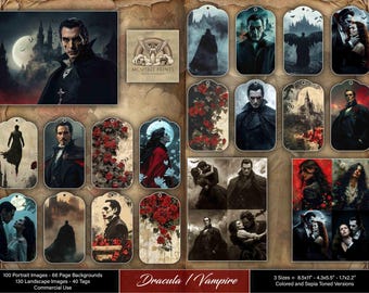 Dracula / Vampire Junk Journal Digital Kit | Gothic Ephemera | Color and Sepia Portraits, Landscapes, Backgrounds & Tags