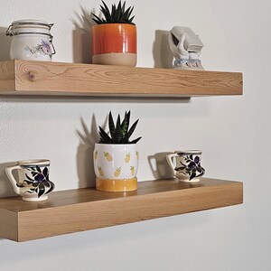 May include: Two wooden shelves with various items on them. The top shelf has a glass jar with a lid, a small orange planter with a green plant, and a white ceramic figurine. The bottom shelf has a white planter with a green plant, a white and blue ceramic mug, and a white and black ceramic mug.