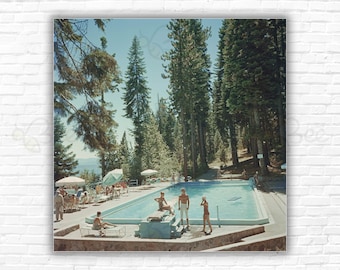 Slim Aarons Pool At Lake Tahoe Print/Poster - Bathers by a pool at the Tahoe Tavern on the shore of Lake Tahoe, California, 1959.